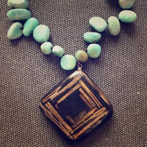 Long Necklace Vtg wood center w/Amazonite pebbles